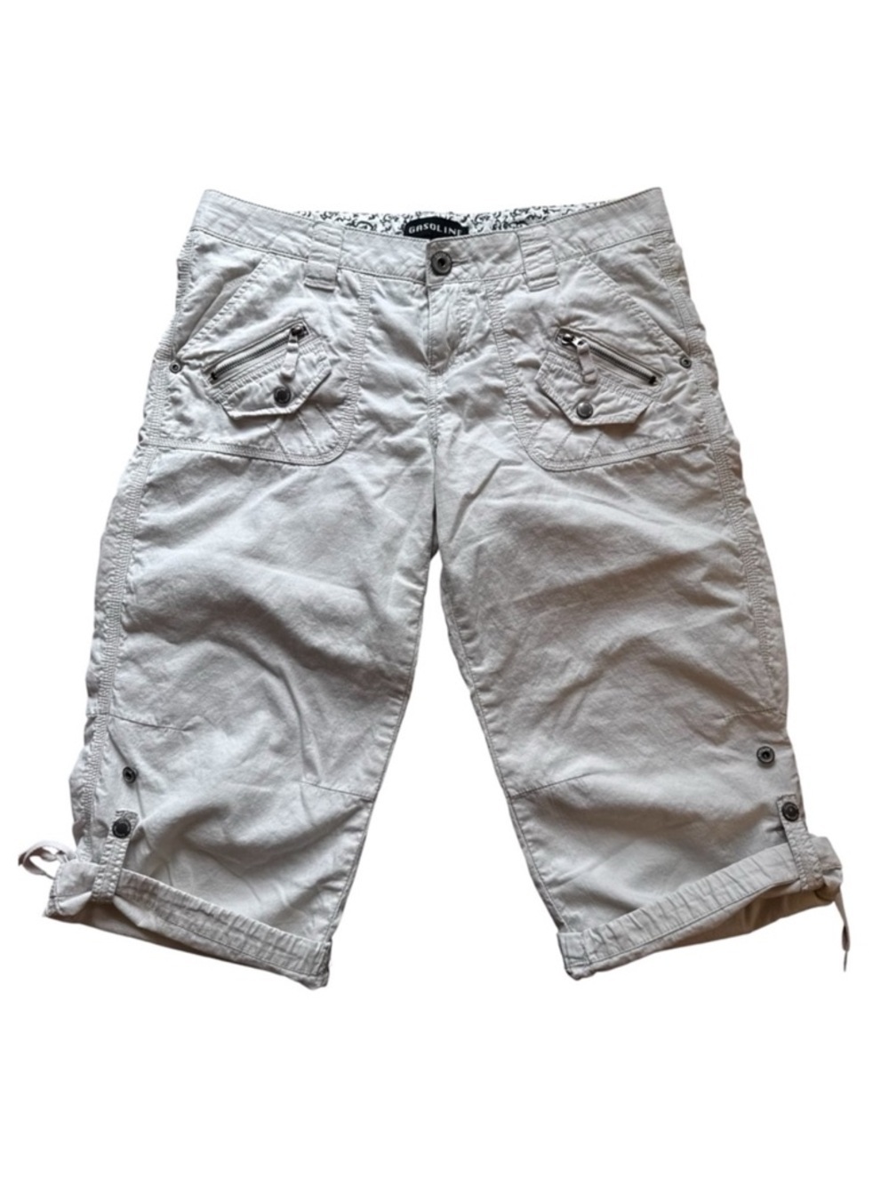 Vintage Gasoline Capri Pants Y2K Utility Cargo Capris White Pocket Low Rise
